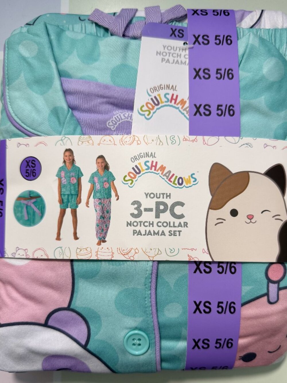 Squishmallows Girls 3-Piece Pajama Set Size XS 5/6  NWT Teal Notch Collar